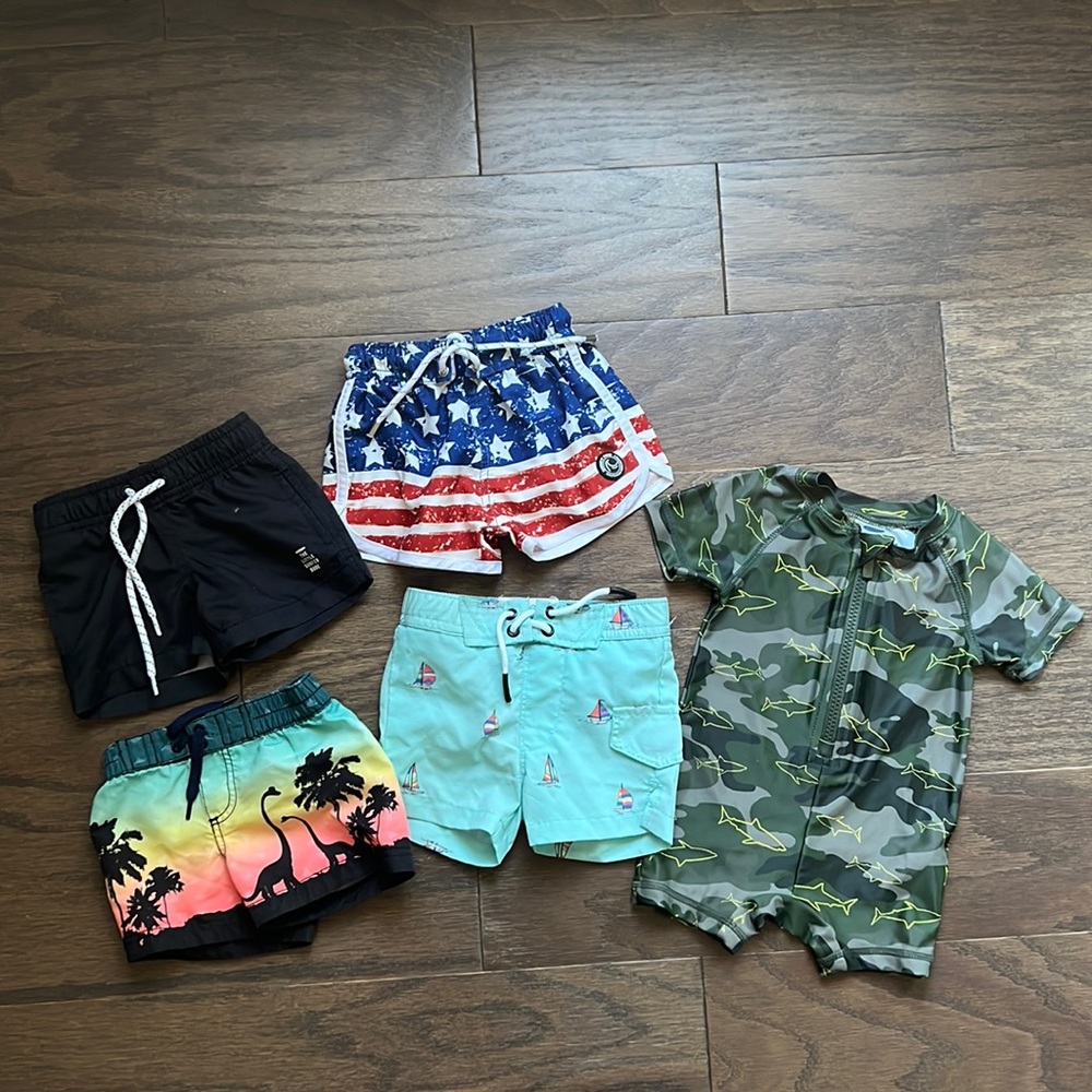 Lot of boys bathing suits sizes ranging from 0-6 months